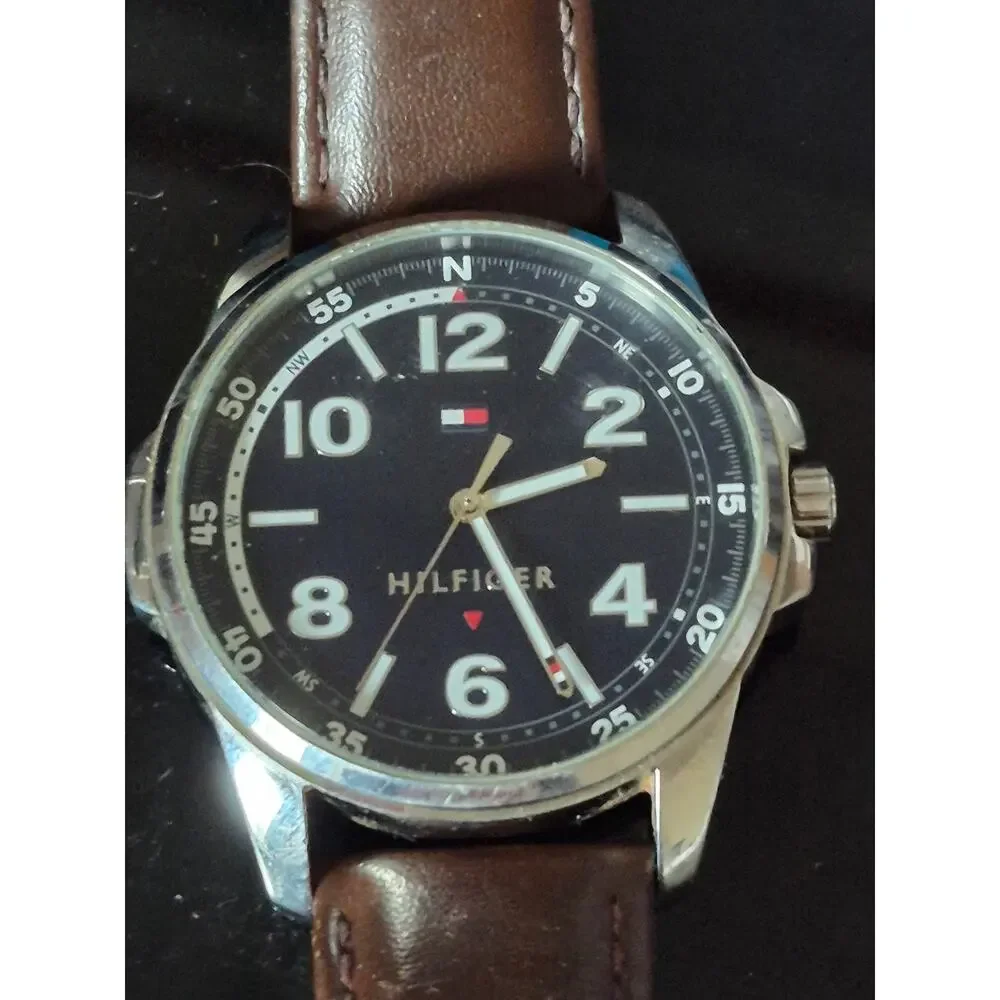 Tommy Hilfiger Men's Watch Large Dial Stainless Steel‎ Case Brown Leather Strap